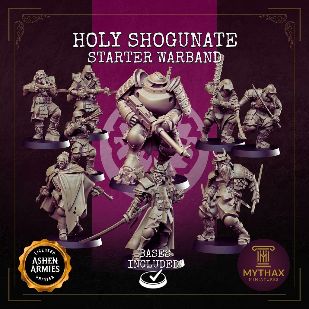 Holy Shogunate Warband – 32mm resin proxy warband miniatures compatible with Trench Crusade by Ashen Armies (side view)