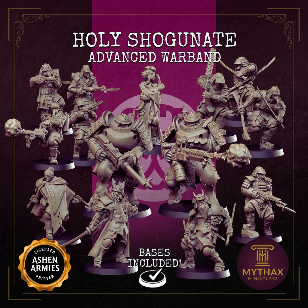 Holy Shogunate Warband – 32mm resin proxy warband miniatures compatible with Trench Crusade by Ashen Armies (front view)