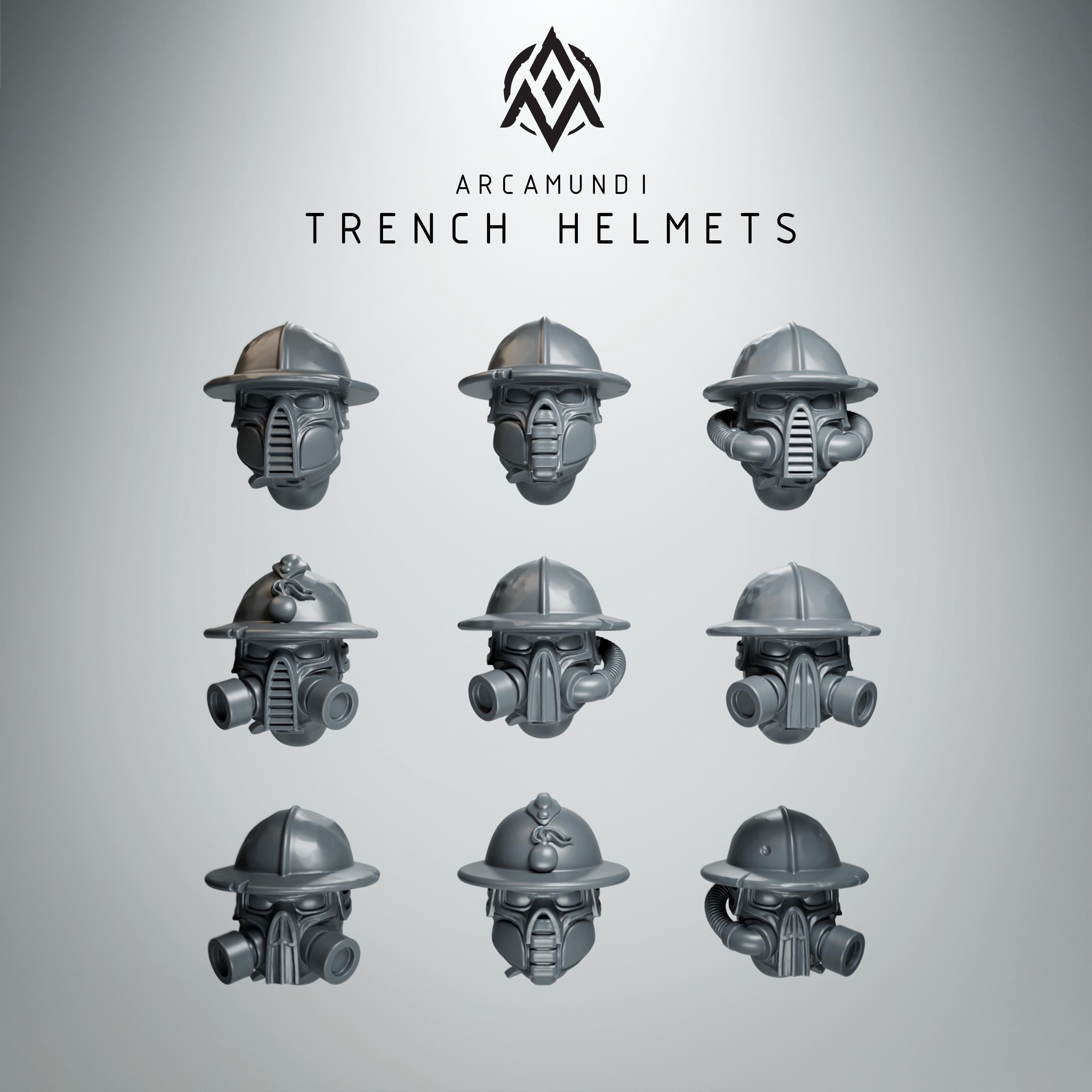 Grimdark Trench Proxy - 9x Dieselpunk Trencher Helmets - 32mm Resin - (Arcamundi)