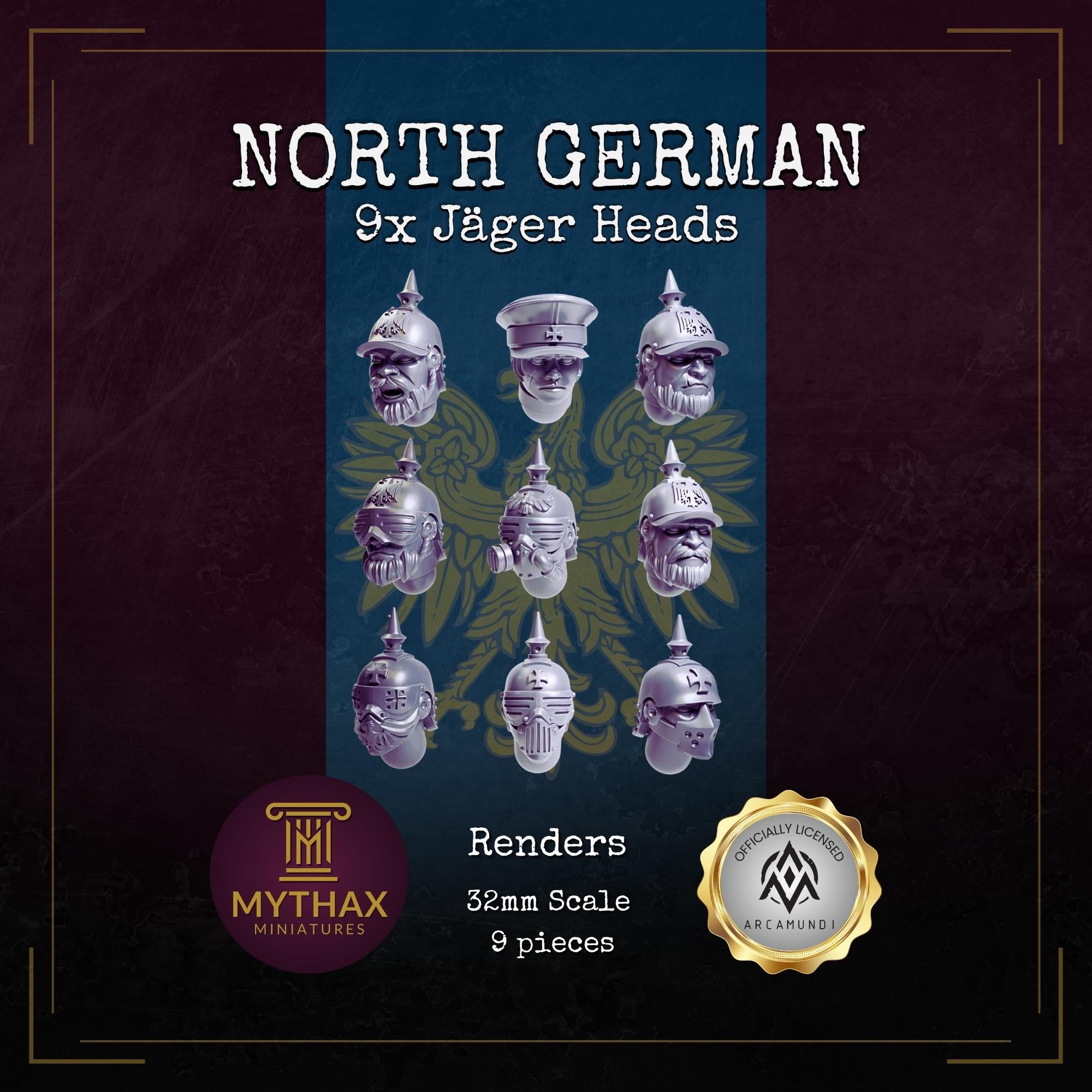 Grimdark Trench Proxy - 9x Jäger Helmet Heads - North German - 32mm Resin Bits - (Arcamundi)
