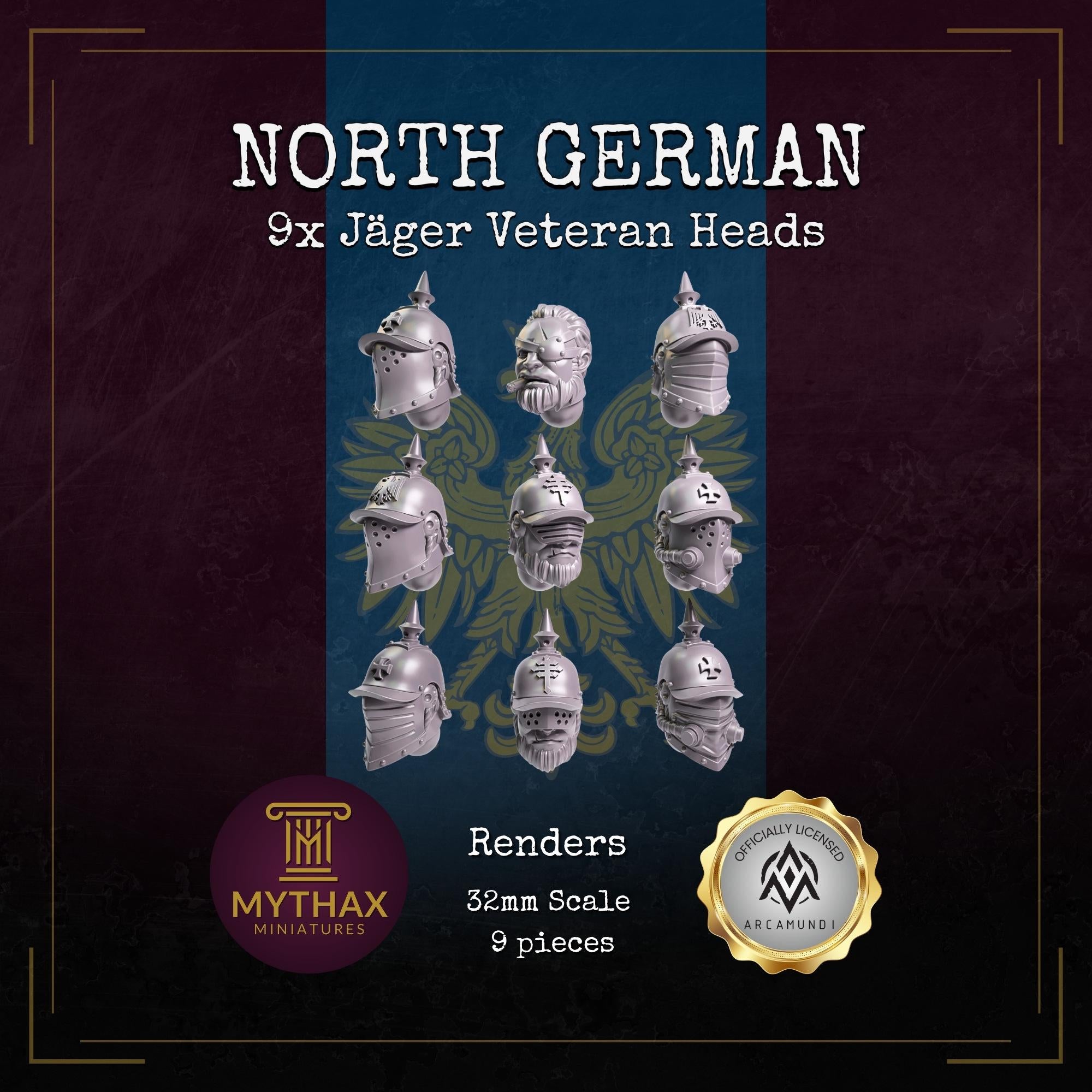 Grimdark Trench Proxy - 9x Jäger Helmet Heads - North German - 32mm Resin Bits - (Arcamundi)